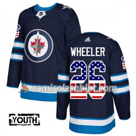 Camisola Winnipeg Jets Blake Wheeler 26 Adidas 2017-2018 Navy Azul USA Flag Fashion Authentic - Criança
